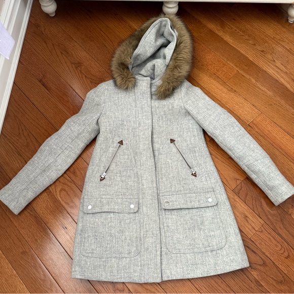 Women's Gray Coat with Faux Fur Trim - Picture 3 of 6